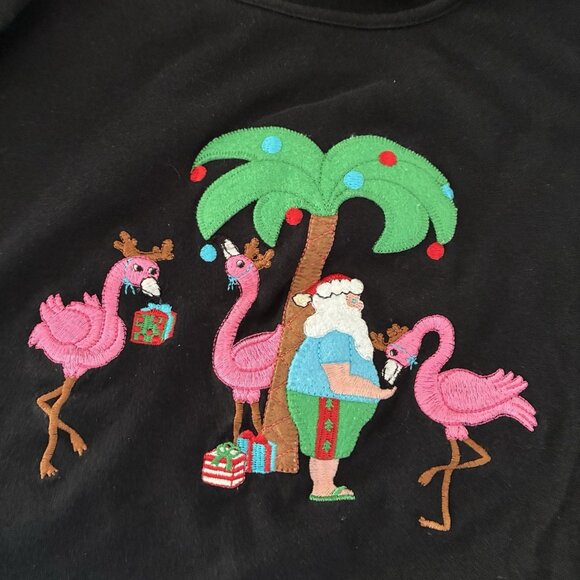 Vintage Flamingo Santa Palm Trees Ugly Christmas Sweater 3/4 Sleeve - P/L (XM9) - Picture 4 of 8